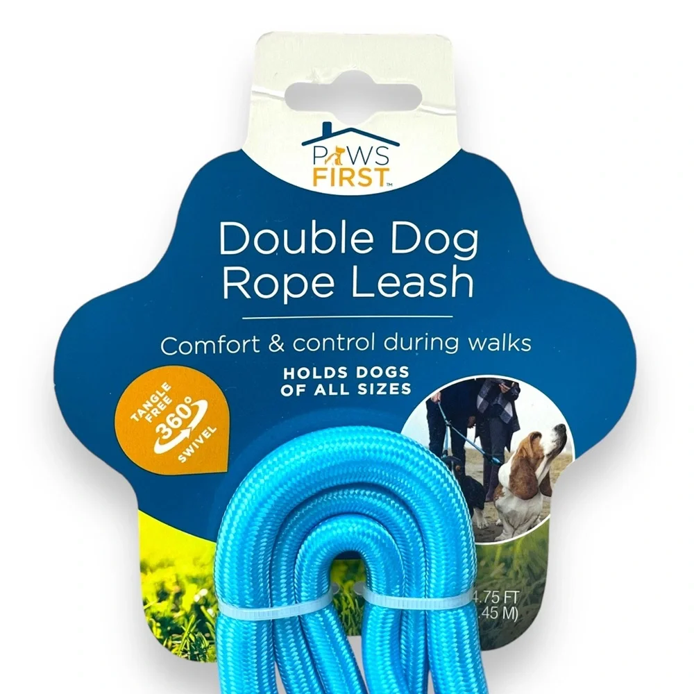 Paws First Brand New Double Dog Rope Leash Tangle Free 360 Degree Swivel 4.75 FT
